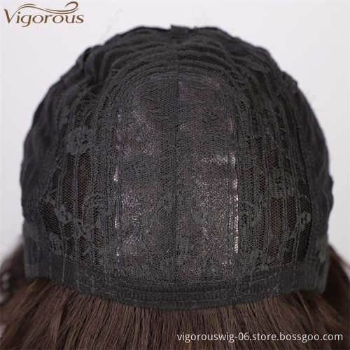 Vigorous New Style Short Bob Brown Wig With Bangs Wavy Wig Heat Resistant Synthetic Fiber Wigs For Black White Women